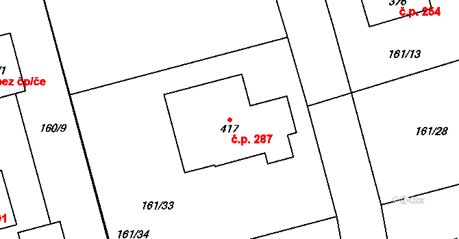 Čestlice 287 na parcele st. 417 v KÚ Čestlice, Katastrální mapa