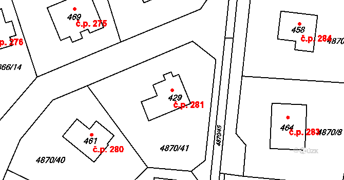 Pocinovice 281 na parcele st. 429 v KÚ Pocinovice, Katastrální mapa