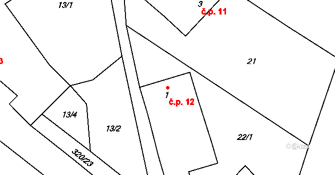 Podchýšská Lhota 12, Chyšky na parcele st. 1 v KÚ Podchýšská Lhota, Katastrální mapa