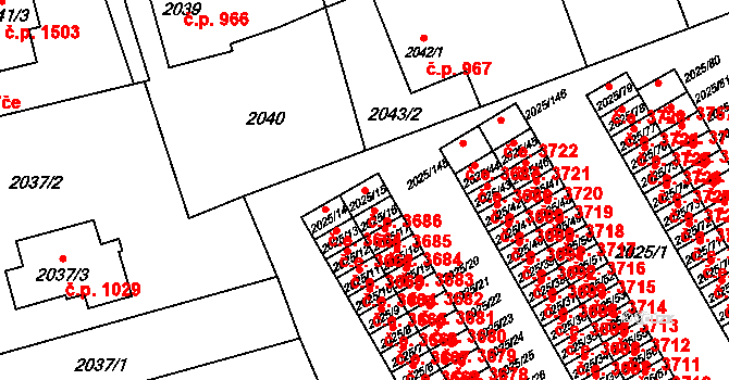 Prostřední Suchá 3686, Havířov na parcele st. 2025/15 v KÚ Prostřední Suchá, Katastrální mapa
