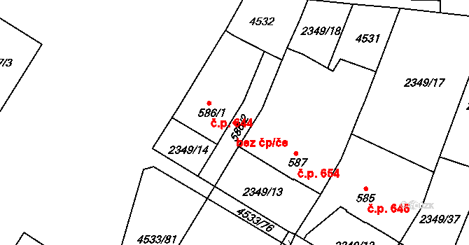 Hrušovany nad Jevišovkou 48166634 na parcele st. 586/2 v KÚ Hrušovany nad Jevišovkou, Katastrální mapa
