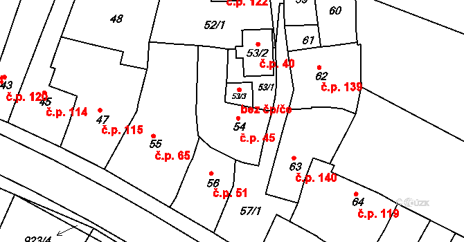 Vícemilice 45, Bučovice na parcele st. 54 v KÚ Vícemilice, Katastrální mapa