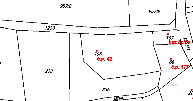 Zbečník 42, Hronov na parcele st. 106 v KÚ Zbečník, Katastrální mapa