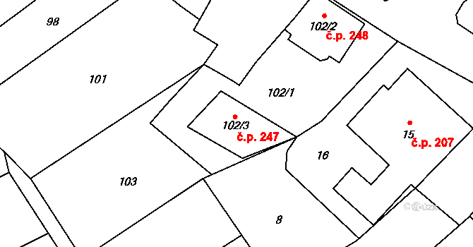 Přerov XII-Žeravice 247, Přerov na parcele st. 102/3 v KÚ Žeravice, Katastrální mapa