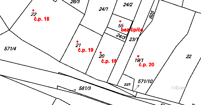 Hunčice 15, Líšťany na parcele st. 20 v KÚ Hunčice, Katastrální mapa