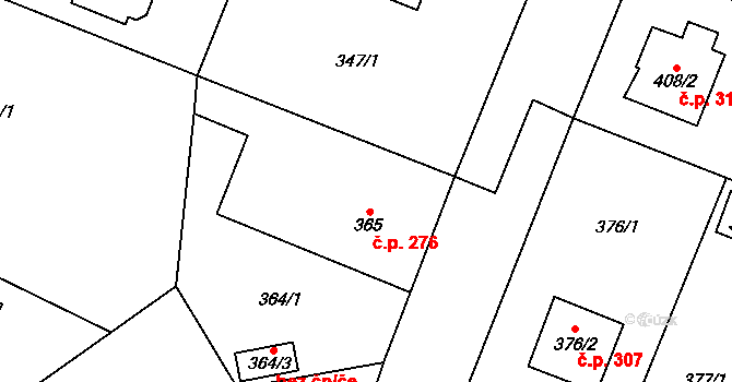 Zruč 276, Zruč-Senec na parcele st. 365 v KÚ Zruč, Katastrální mapa