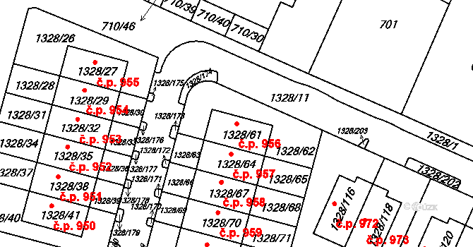 Dolní Počernice 956, Praha na parcele st. 1328/61 v KÚ Dolní Počernice, Katastrální mapa