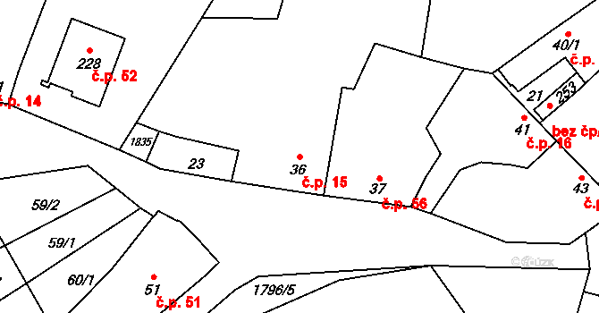 Lískovec 15, Koryčany na parcele st. 36 v KÚ Lískovec, Katastrální mapa