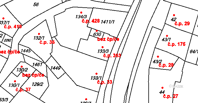 Vranov nad Dyjí 363 na parcele st. 133/3 v KÚ Vranov nad Dyjí, Katastrální mapa