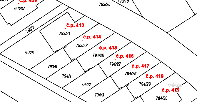 Chomoutov 415, Olomouc na parcele st. 794/26 v KÚ Chomoutov, Katastrální mapa