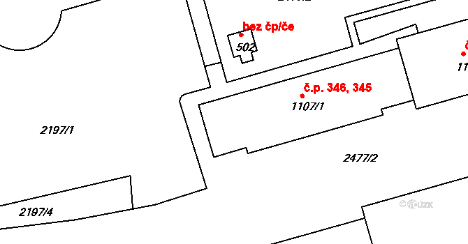 Hroznětín 345,346 na parcele st. 1107/1 v KÚ Hroznětín, Katastrální mapa