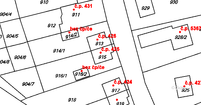 Rýnovice 425, Jablonec nad Nisou na parcele st. 915 v KÚ Rýnovice, Katastrální mapa