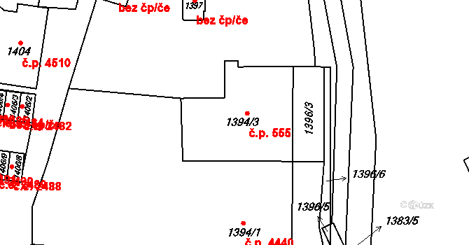 Jihlava 555 na parcele st. 1394/3 v KÚ Jihlava, Katastrální mapa