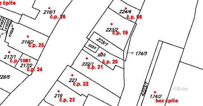 Kyjov 20 na parcele st. 222/2 v KÚ Kyjov, Katastrální mapa