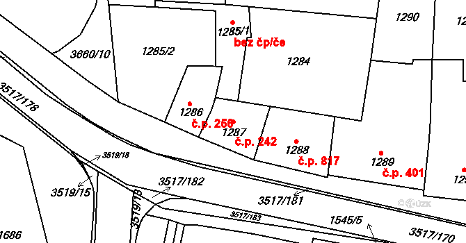 Vyškov-Předměstí 242, Vyškov na parcele st. 1287 v KÚ Vyškov, Katastrální mapa