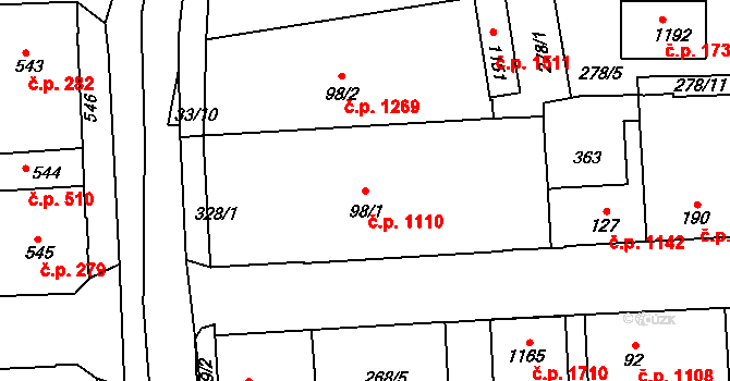 Švermov 1110, Kladno na parcele st. 98/1 v KÚ Hnidousy, Katastrální mapa
