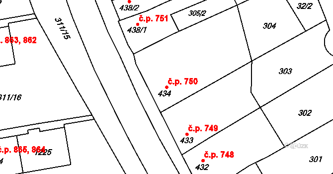 Uničov 750 na parcele st. 434/1 v KÚ Uničov, Katastrální mapa