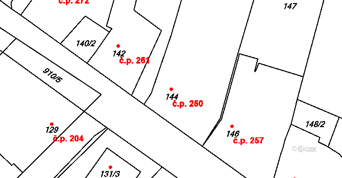 Milovice 250 na parcele st. 144 v KÚ Milovice nad Labem, Katastrální mapa