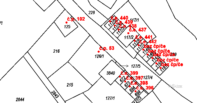 Krupka 53 na parcele st. 126/1 v KÚ Krupka, Katastrální mapa