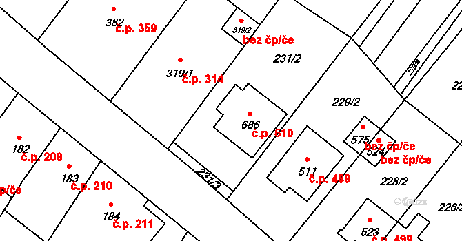 Okříšky 510 na parcele st. 686 v KÚ Okříšky, Katastrální mapa