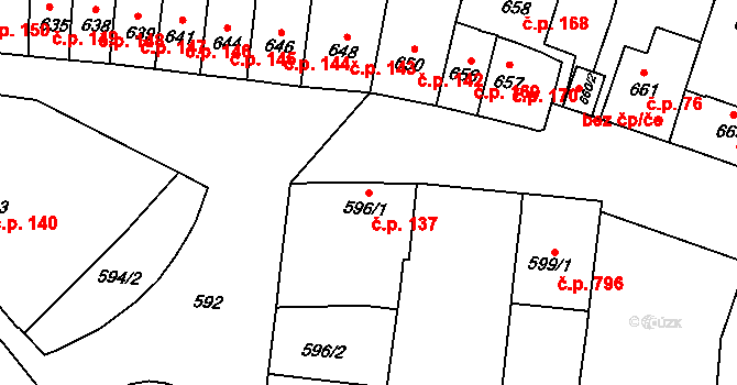 Tuřany 137, Brno na parcele st. 596/1 v KÚ Tuřany, Katastrální mapa