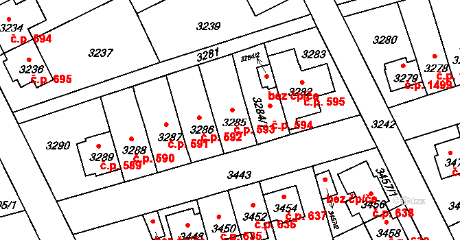 Záběhlice 593, Praha na parcele st. 3285 v KÚ Záběhlice, Katastrální mapa
