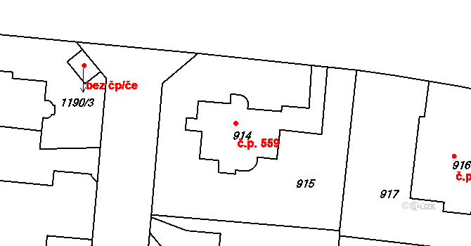 Střešovice 559, Praha na parcele st. 914 v KÚ Střešovice, Katastrální mapa