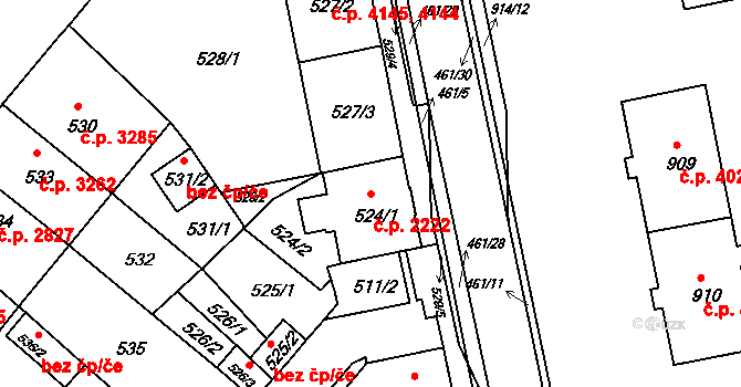 Chomutov 2222 na parcele st. 524/1 v KÚ Chomutov II, Katastrální mapa