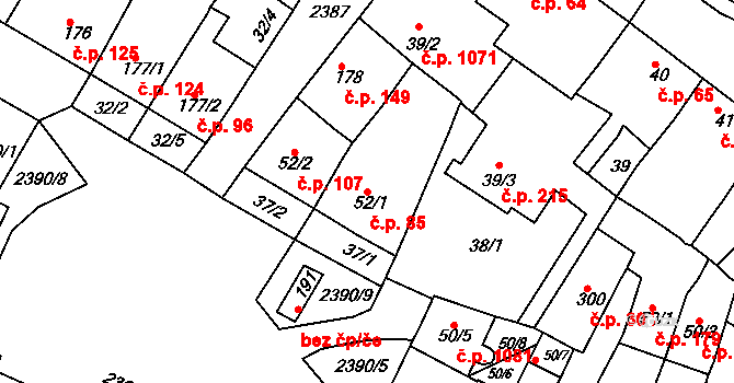 Rosice 85 na parcele st. 52/1 v KÚ Rosice u Brna, Katastrální mapa