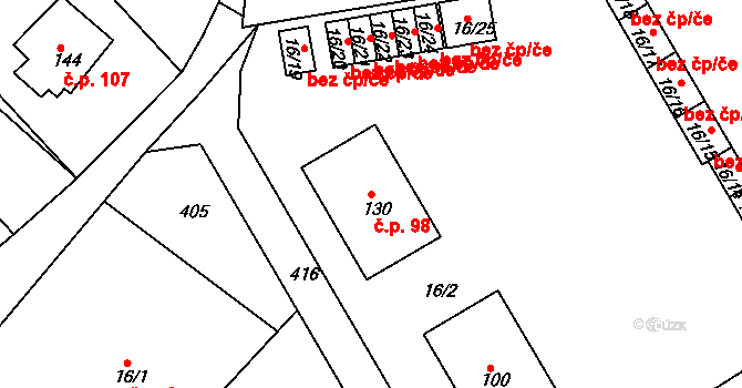 Tuchoraz 98 na parcele st. 130 v KÚ Tuchoraz, Katastrální mapa