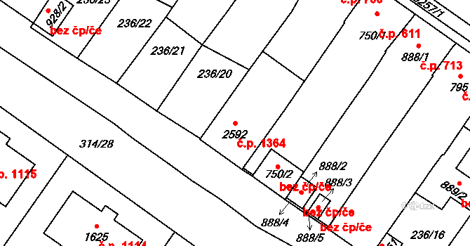 Velké Bílovice 1364 na parcele st. 2592 v KÚ Velké Bílovice, Katastrální mapa