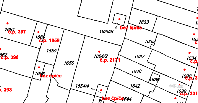 Benešov 2171 na parcele st. 1654/2 v KÚ Benešov u Prahy, Katastrální mapa
