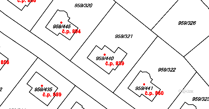 Průhonice 839 na parcele st. 959/440 v KÚ Průhonice, Katastrální mapa