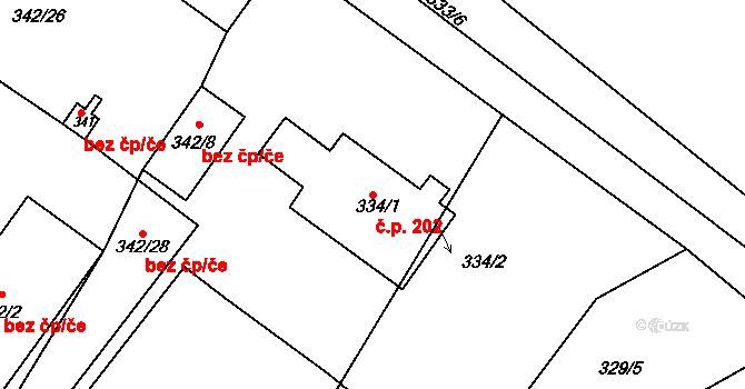 Práče 202 na parcele st. 334/1 v KÚ Práče, Katastrální mapa