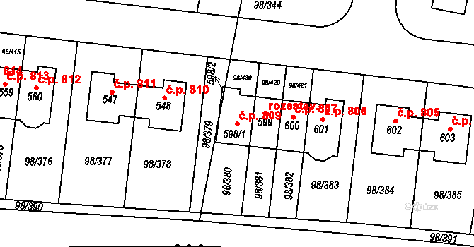 Bašť 809 na parcele st. 598/1 v KÚ Bašť, Katastrální mapa