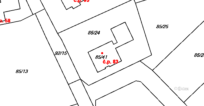 Háje 83, Kolová na parcele st. 85/41 v KÚ Háje u Karlových Var, Katastrální mapa