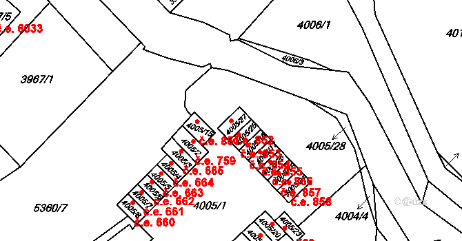 Znojmo 852 na parcele st. 4005/27 v KÚ Znojmo-město, Katastrální mapa