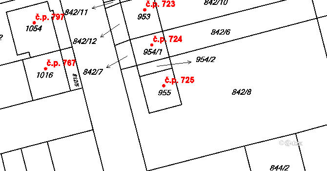 Tlumačov 725 na parcele st. 955 v KÚ Tlumačov na Moravě, Katastrální mapa