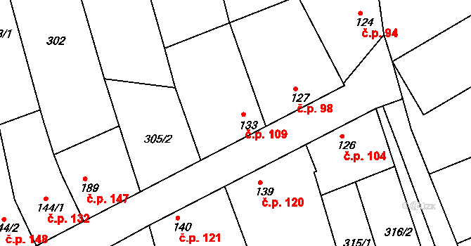 Milonice 109 na parcele st. 133 v KÚ Milonice, Katastrální mapa