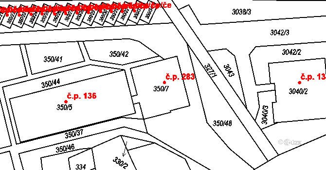 Úštěk-Českolipské Předměstí 283, Úštěk na parcele st. 350/7 v KÚ Úštěk, Katastrální mapa