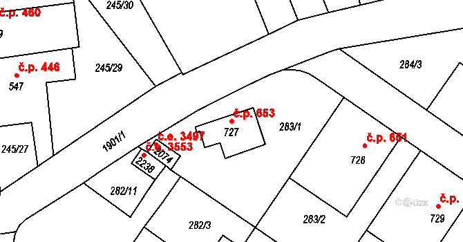 Malenovice 653, Zlín na parcele st. 727 v KÚ Malenovice u Zlína, Katastrální mapa