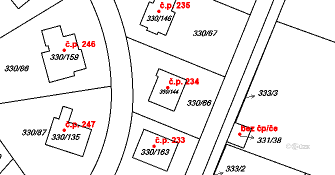 Hlušovice 234 na parcele st. 330/144 v KÚ Hlušovice, Katastrální mapa