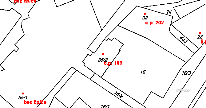 Tuchoměřice 189 na parcele st. 35/2 v KÚ Kněžívka, Katastrální mapa