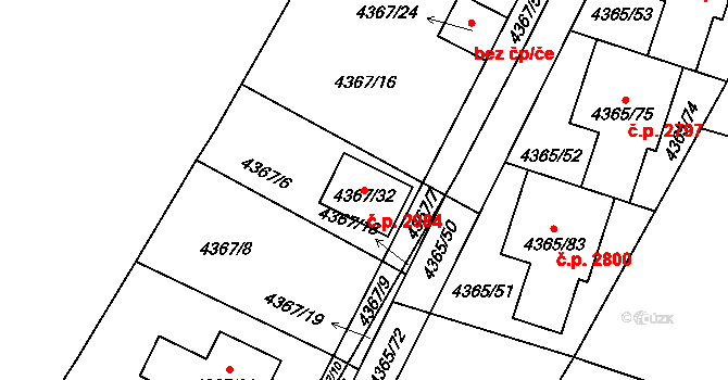 Horní Počernice 2984, Praha na parcele st. 4367/32 v KÚ Horní Počernice, Katastrální mapa