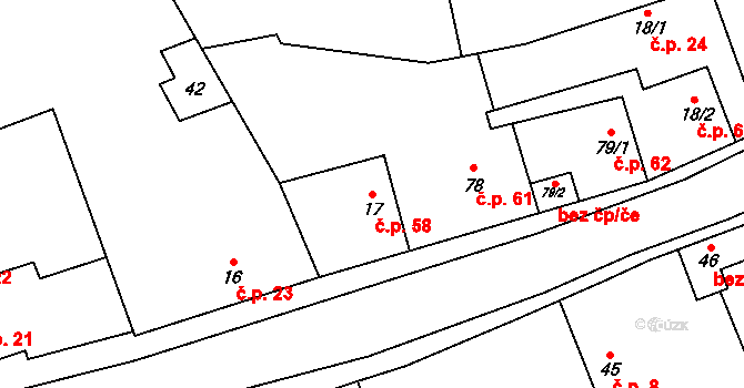 Hřivčice 58, Peruc na parcele st. 17 v KÚ Hřivčice, Katastrální mapa