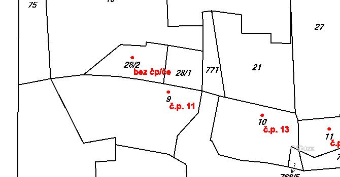 Měrčín 11, Čížkov na parcele st. 9 v KÚ Měrčín, Katastrální mapa