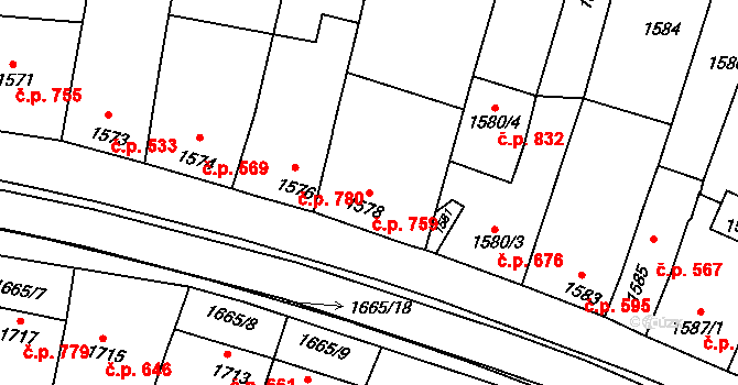 Klobouky u Brna 759 na parcele st. 1578/3 v KÚ Klobouky u Brna, Katastrální mapa