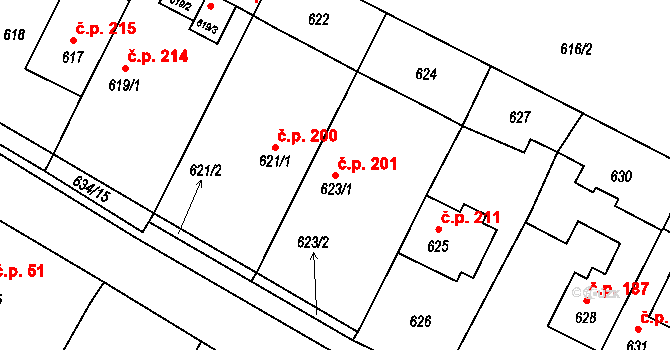 Rychlov 201, Bystřice pod Hostýnem na parcele st. 623/1 v KÚ Rychlov u Bystřice pod Hostýnem, Katastrální mapa