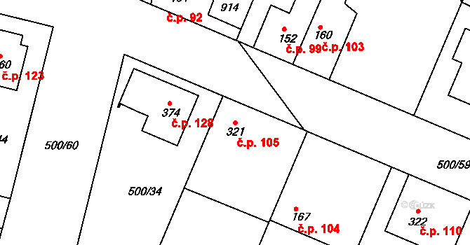 Sedlčánky 105, Čelákovice na parcele st. 321 v KÚ Sedlčánky, Katastrální mapa