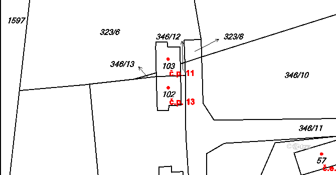 Šebanov 13, Hořice na Šumavě na parcele st. 102 v KÚ Šebanov, Katastrální mapa